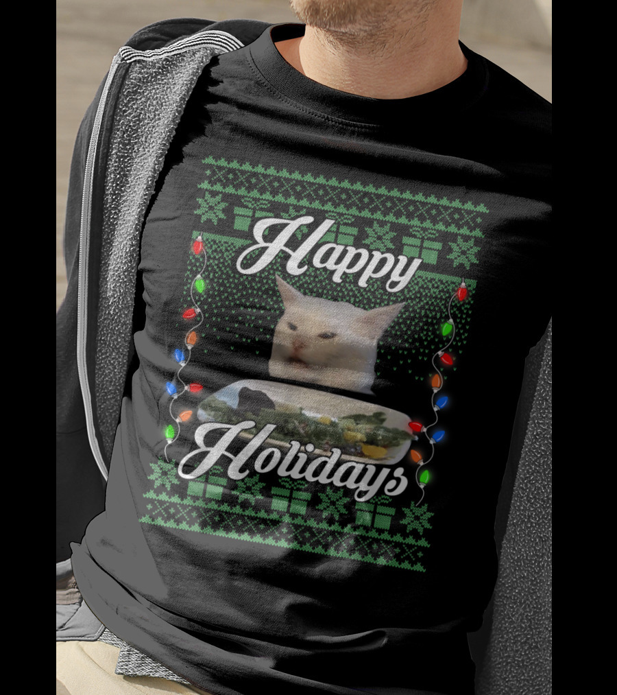 Happy Holidays Cat Meme With Festive Lights And Green Gift T-Shirt
