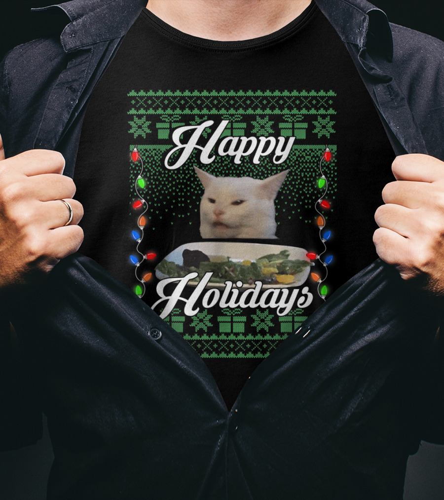 Happy Holidays Cat Meme With Festive Lights And Green Gift T-Shirt