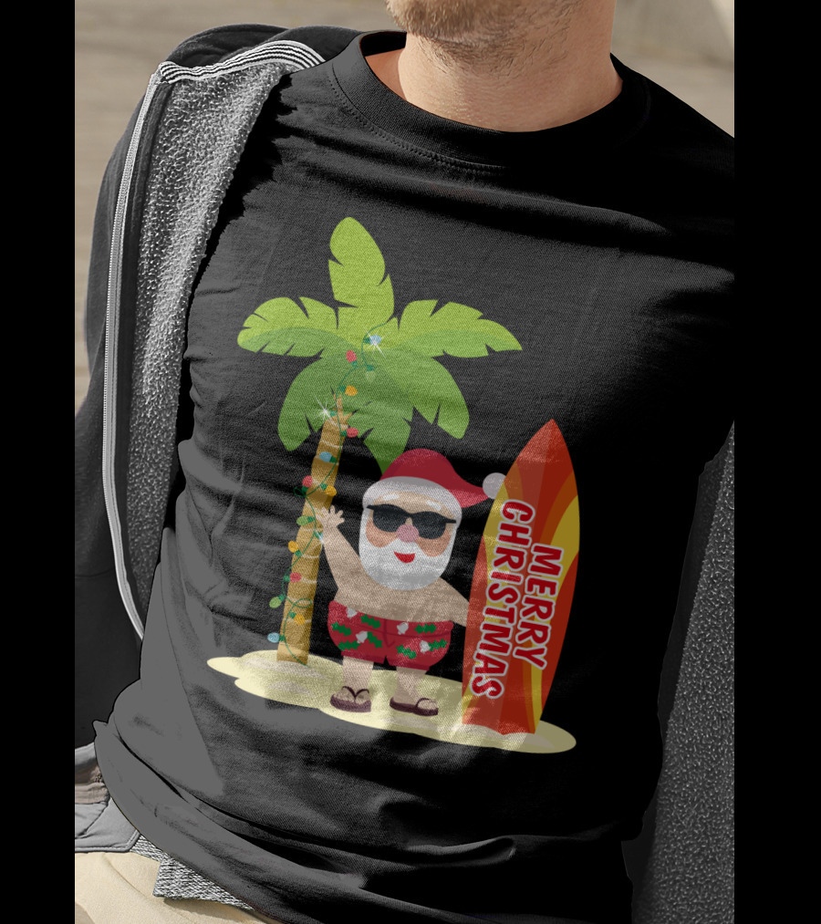 Merry Christmas Hawaiian Funny Ugly Cute Surfing Santa Holiday T-Shirt