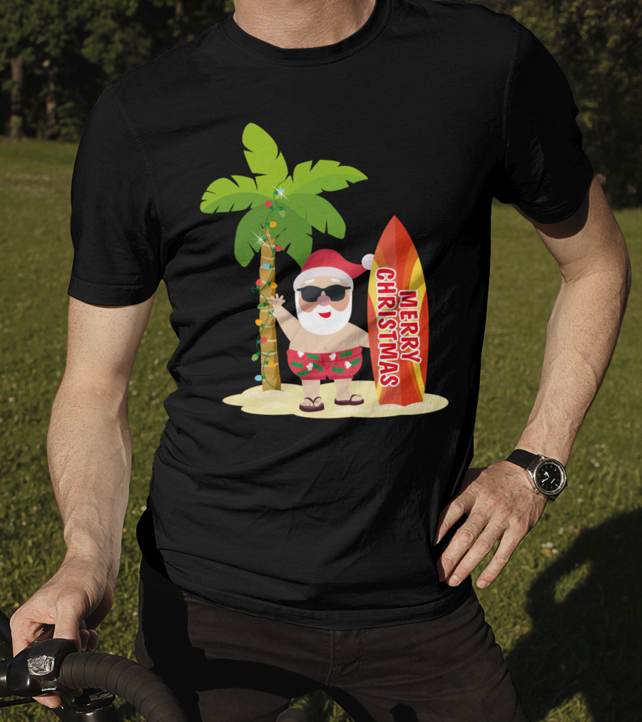 Merry Christmas Hawaiian Funny Ugly Cute Surfing Santa Holiday T-Shirt