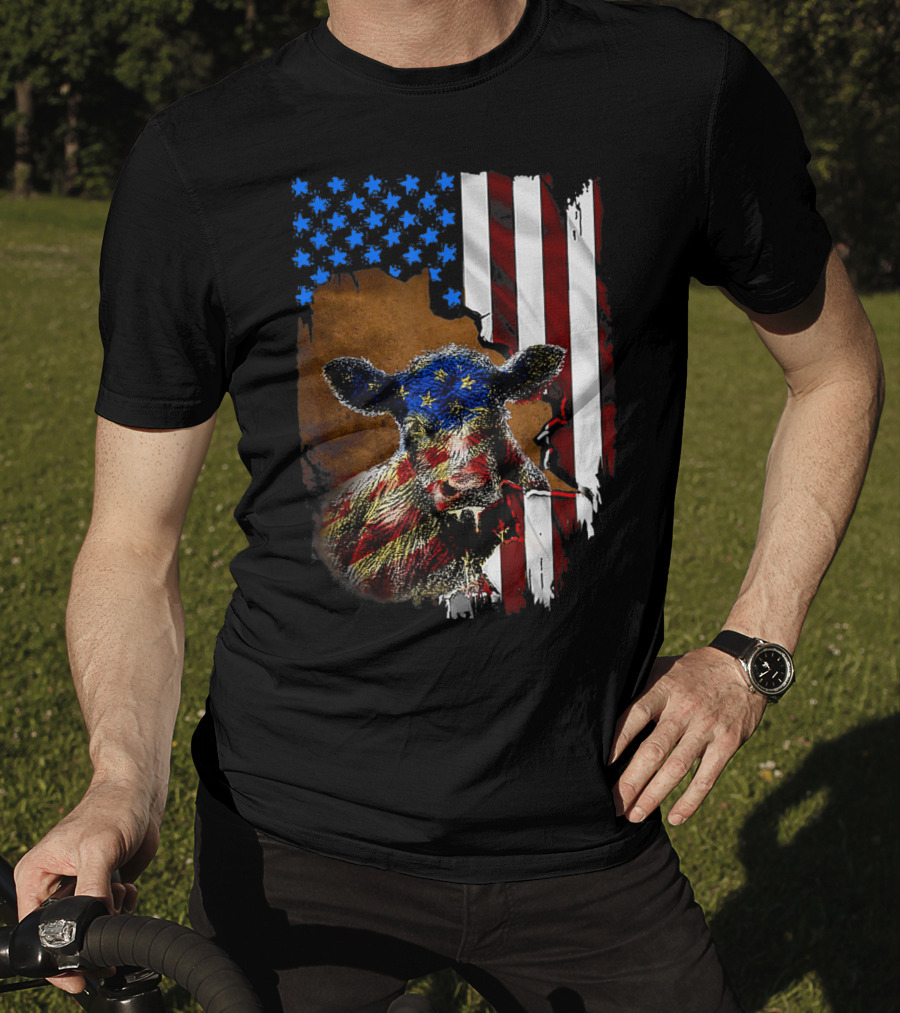 Heifer American Flag Farmer Cow Cattle July 4 T-Shirt