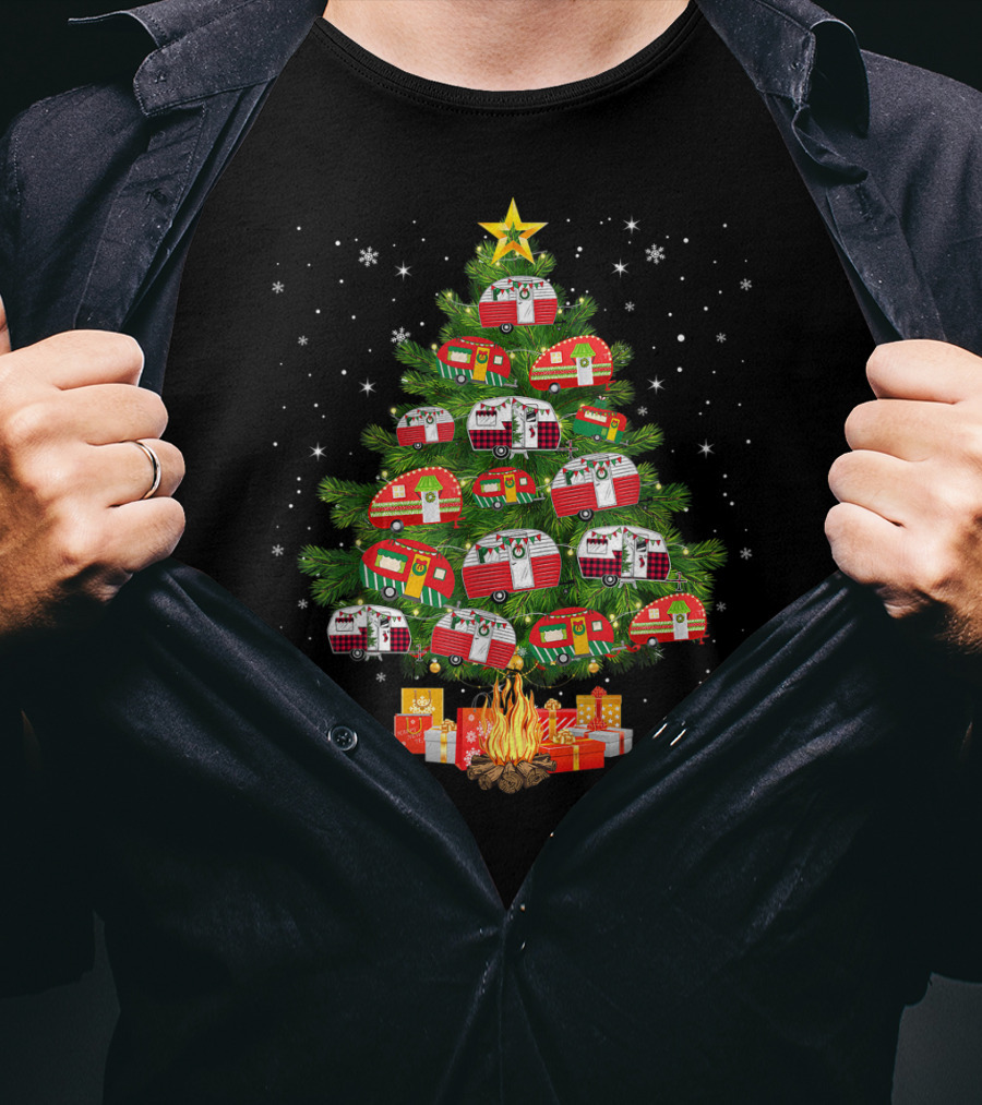 Camping Vehicle Christmas Tree Festive Campers With Star And Gifts T-Shirt