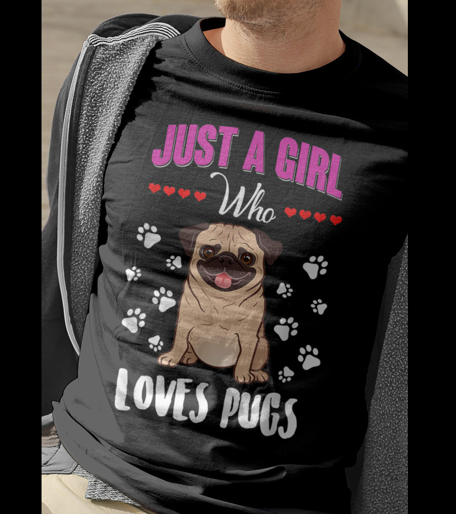 Just A Girl Who Loves Pugs With Paw Prints And Hearts T-Shirt