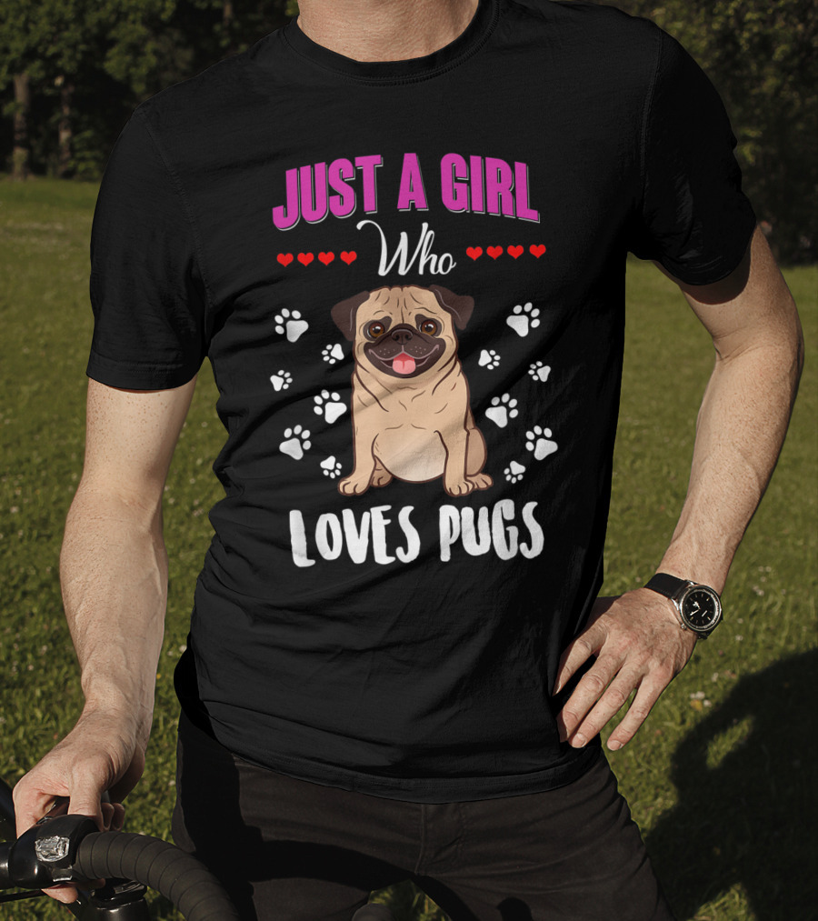 Just A Girl Who Loves Pugs With Paw Prints And Hearts T-Shirt