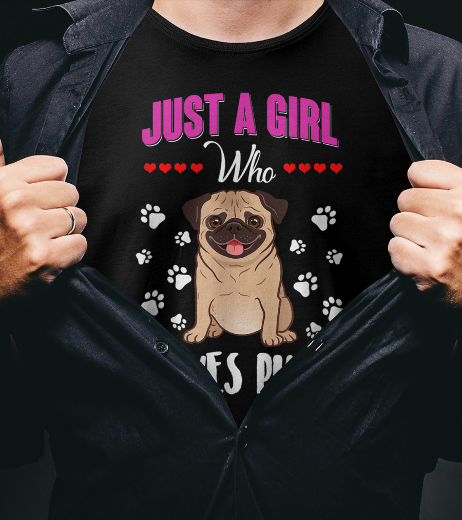 Just A Girl Who Loves Pugs With Paw Prints And Hearts T-Shirt
