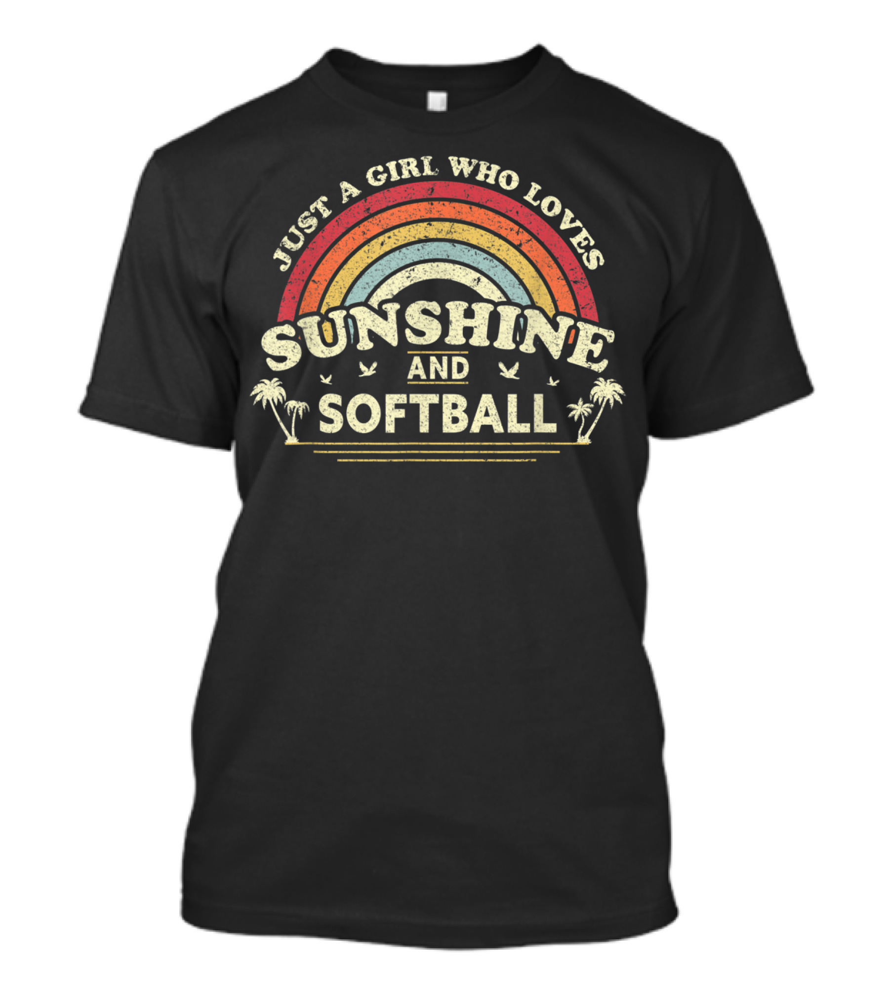 Just A Girl Who Loves Sunshine And Softball Vintage Rainbow Palm Trees T-Shirt