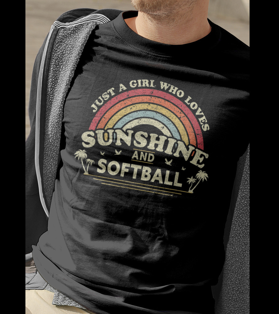 Just A Girl Who Loves Sunshine And Softball Vintage Rainbow Palm Trees T-Shirt