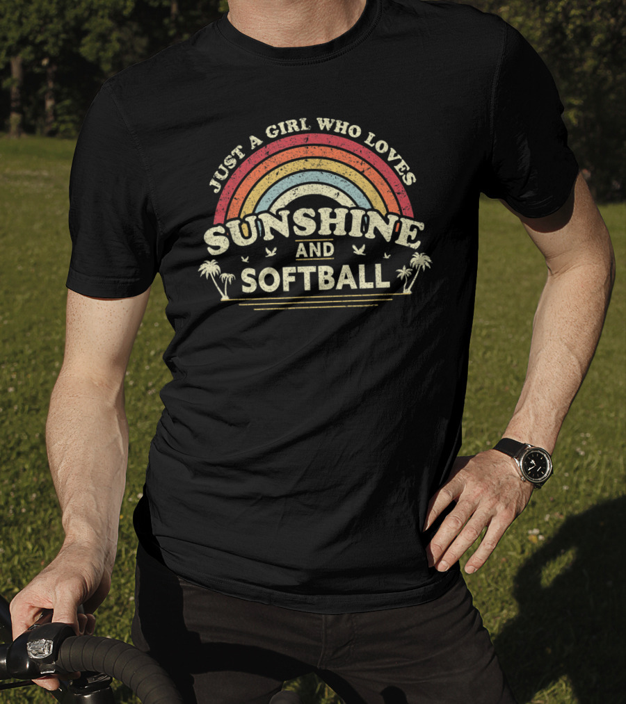 Just A Girl Who Loves Sunshine And Softball Vintage Rainbow Palm Trees T-Shirt