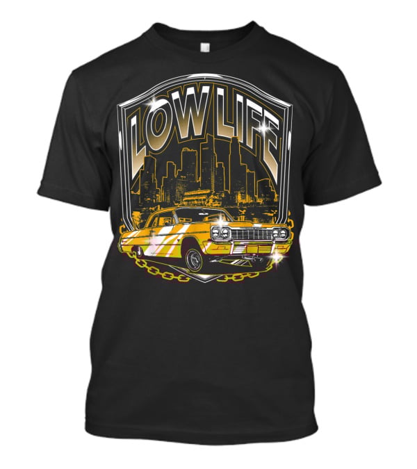 Lowrider Classic Car Low Life Skyline Scene T-Shirt