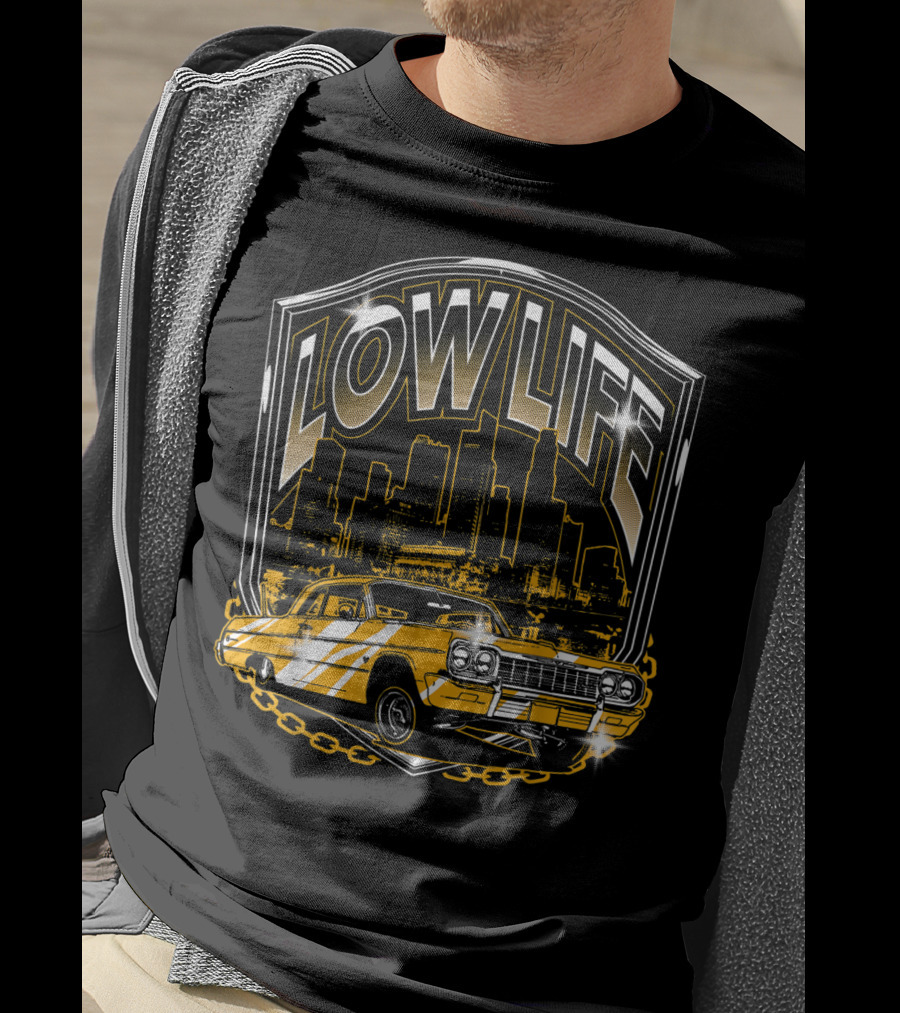 Lowrider Classic Car Low Life Skyline Scene T-Shirt
