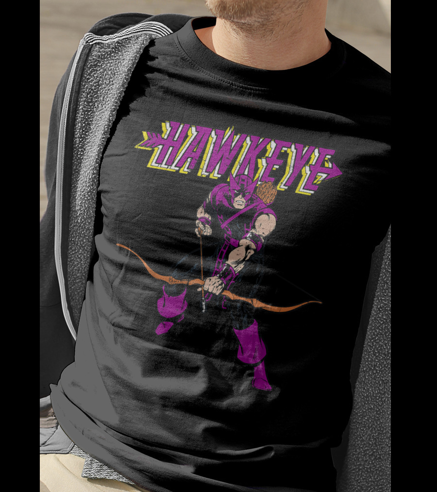Marvel Hawkeye Classic Purple Pose Drawing Bow And Arrow T-Shirt