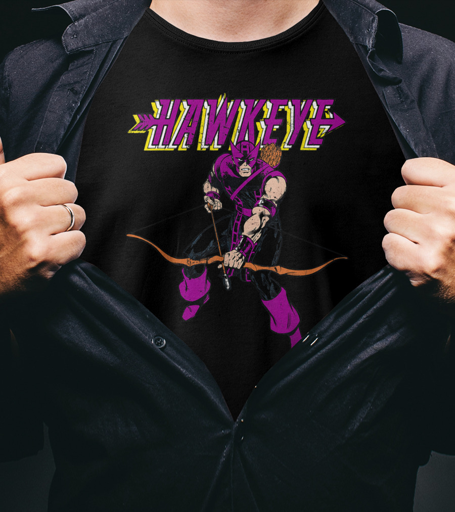 Marvel Hawkeye Classic Purple Pose Drawing Bow And Arrow T-Shirt