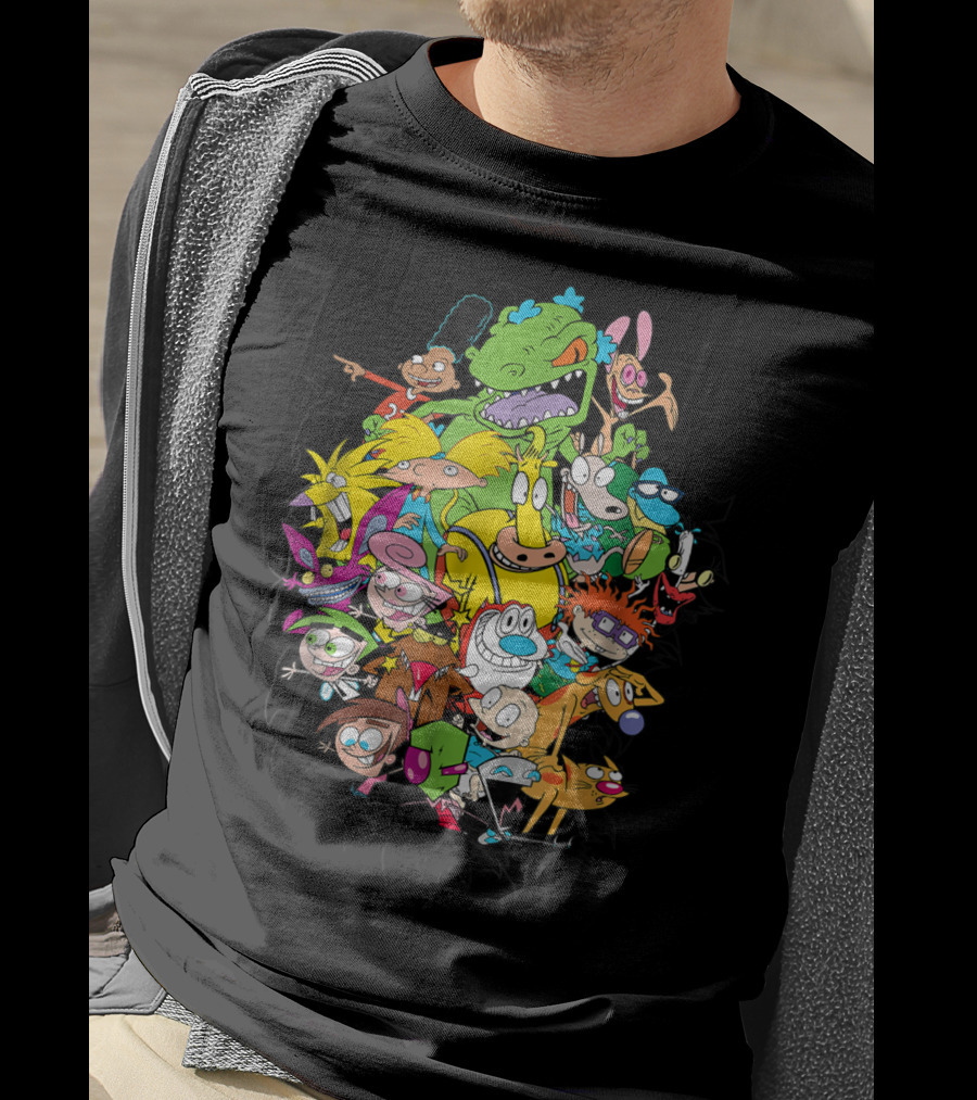 Nickelodeon Classic Characters Rugrats Hey Arnold Rocko's Modern Life Ren And Stimpy CatDog Fairly OddParents All Real Monsters Explosion T-Shirt