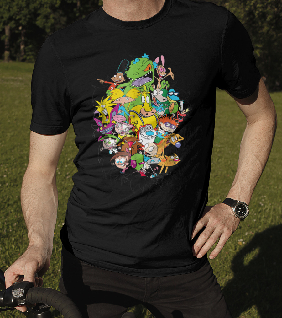 Nickelodeon Classic Characters Rugrats Hey Arnold Rocko's Modern Life Ren And Stimpy CatDog Fairly OddParents All Real Monsters Explosion T-Shirt