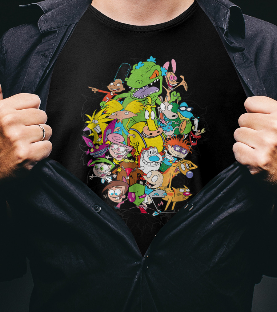 Nickelodeon Classic Characters Rugrats Hey Arnold Rocko's Modern Life Ren And Stimpy CatDog Fairly OddParents All Real Monsters Explosion T-Shirt