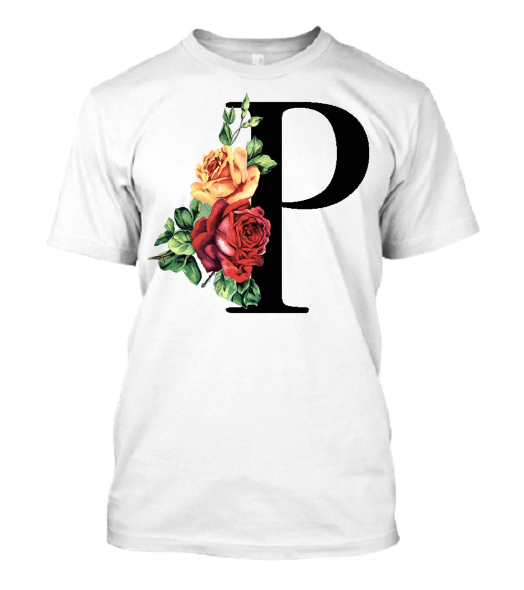 Initial Rose Floral Monogram Letter P With Red And Yellow Roses T-Shirt