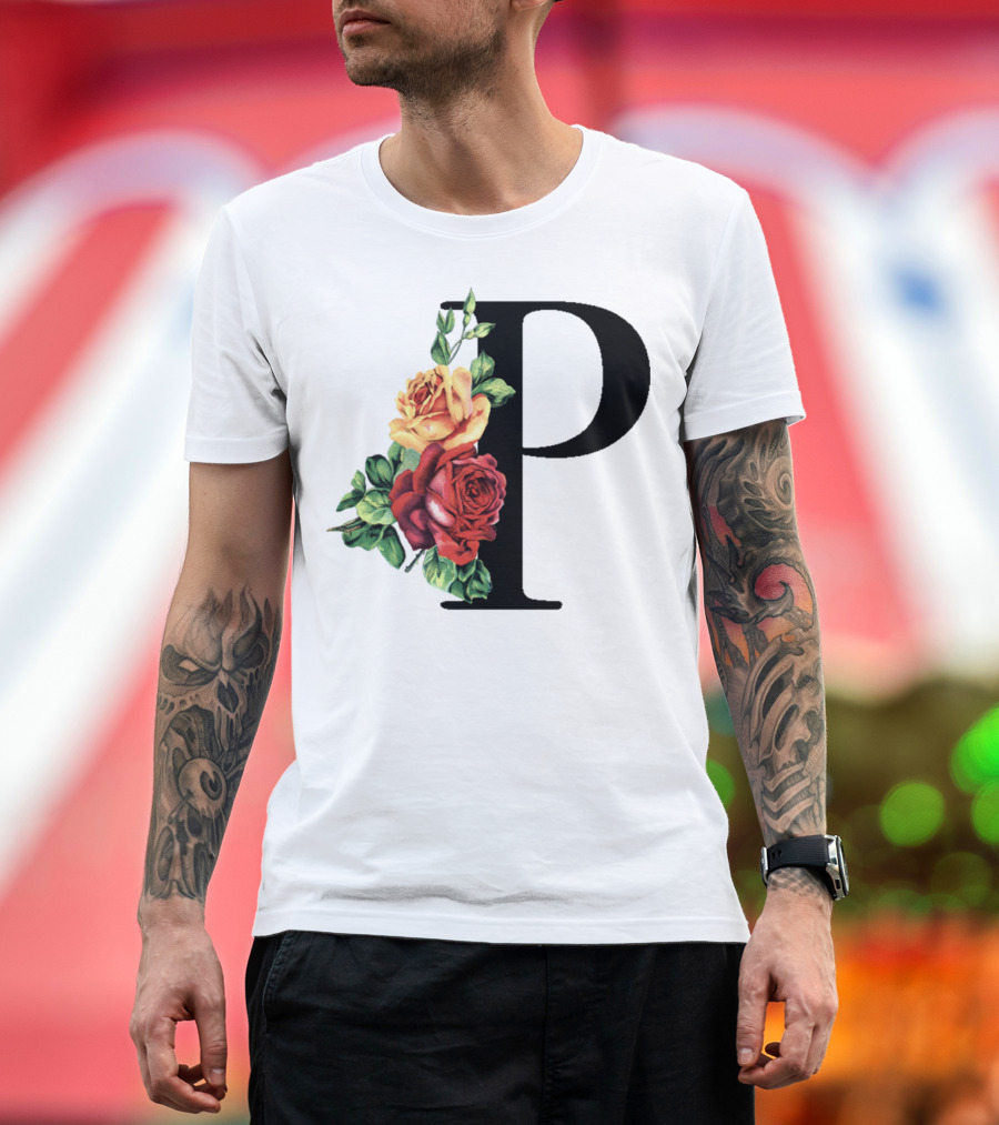 Initial Rose Floral Monogram Letter P With Red And Yellow Roses T-Shirt