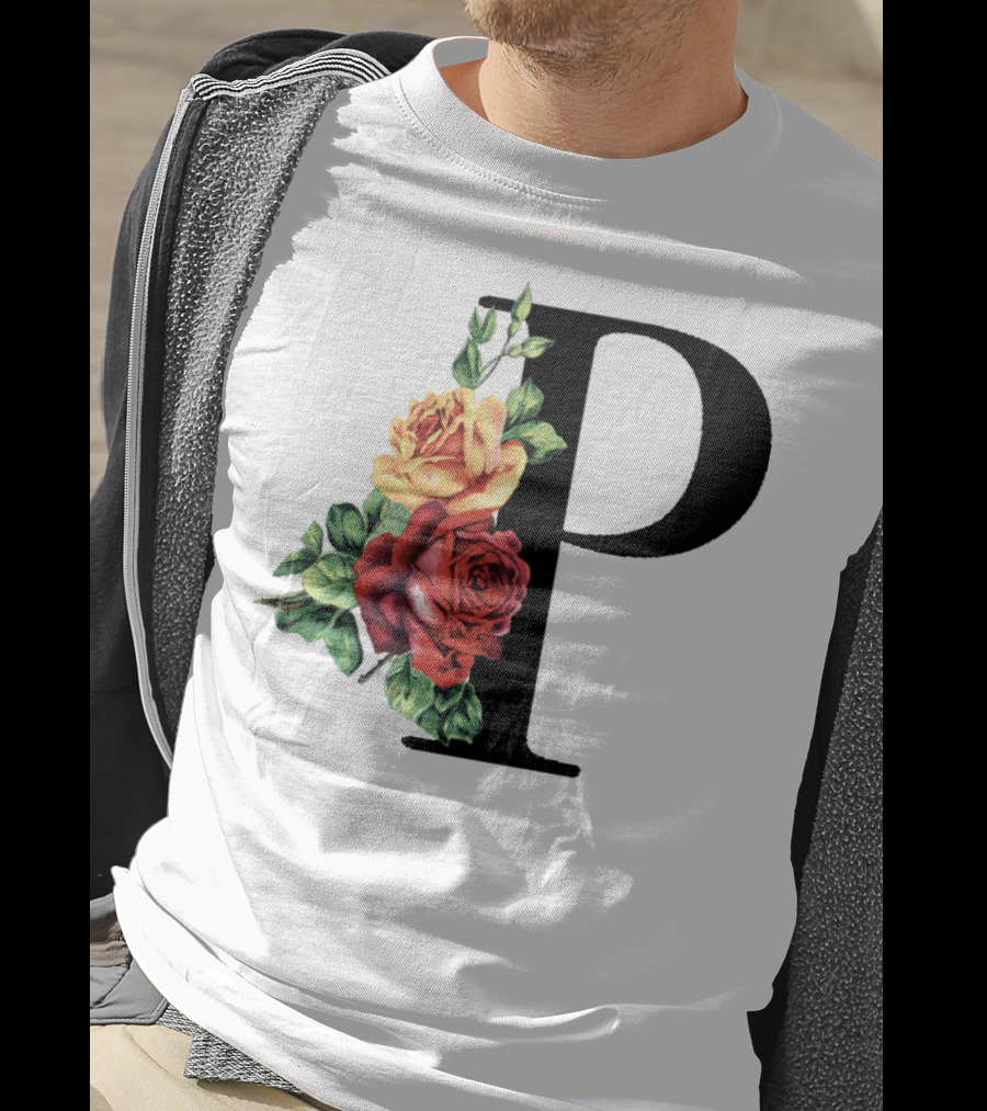 Initial Rose Floral Monogram Letter P With Red And Yellow Roses T-Shirt