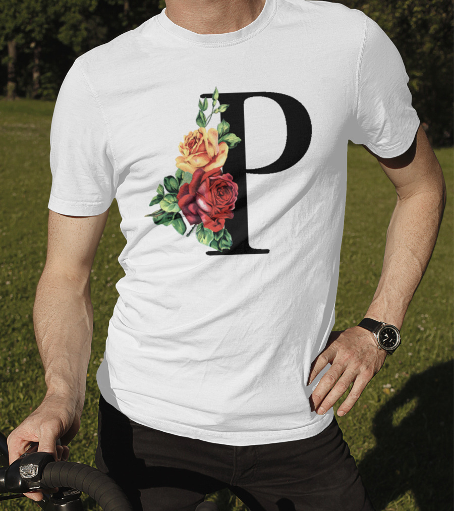 Initial Rose Floral Monogram Letter P With Red And Yellow Roses T-Shirt