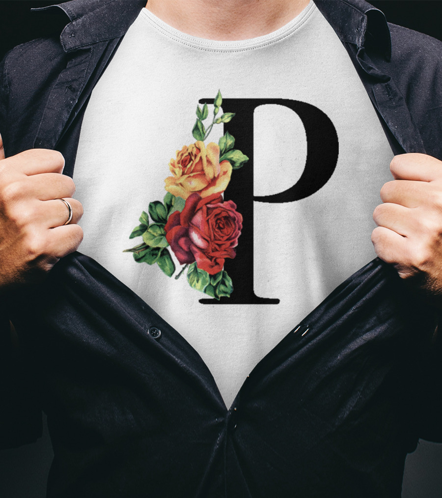 Initial Rose Floral Monogram Letter P With Red And Yellow Roses T-Shirt