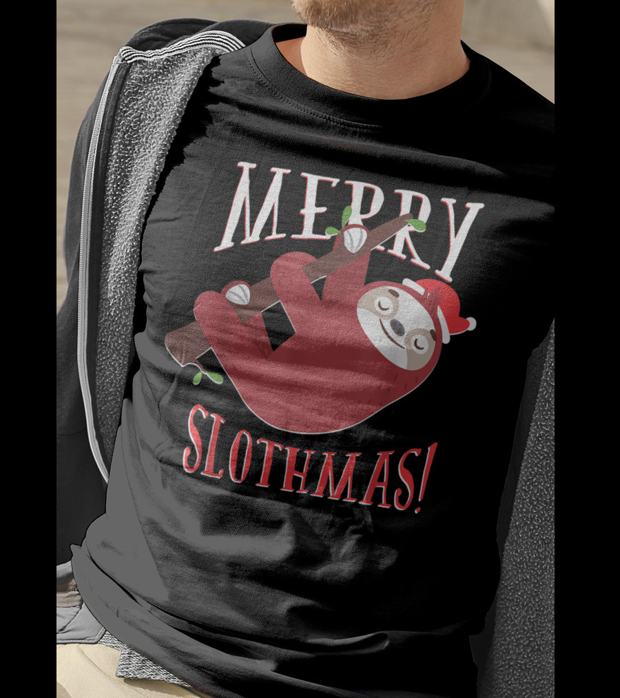 Merry Slothmas Santa Hat Sloth Holiday Greeting T-Shirt
