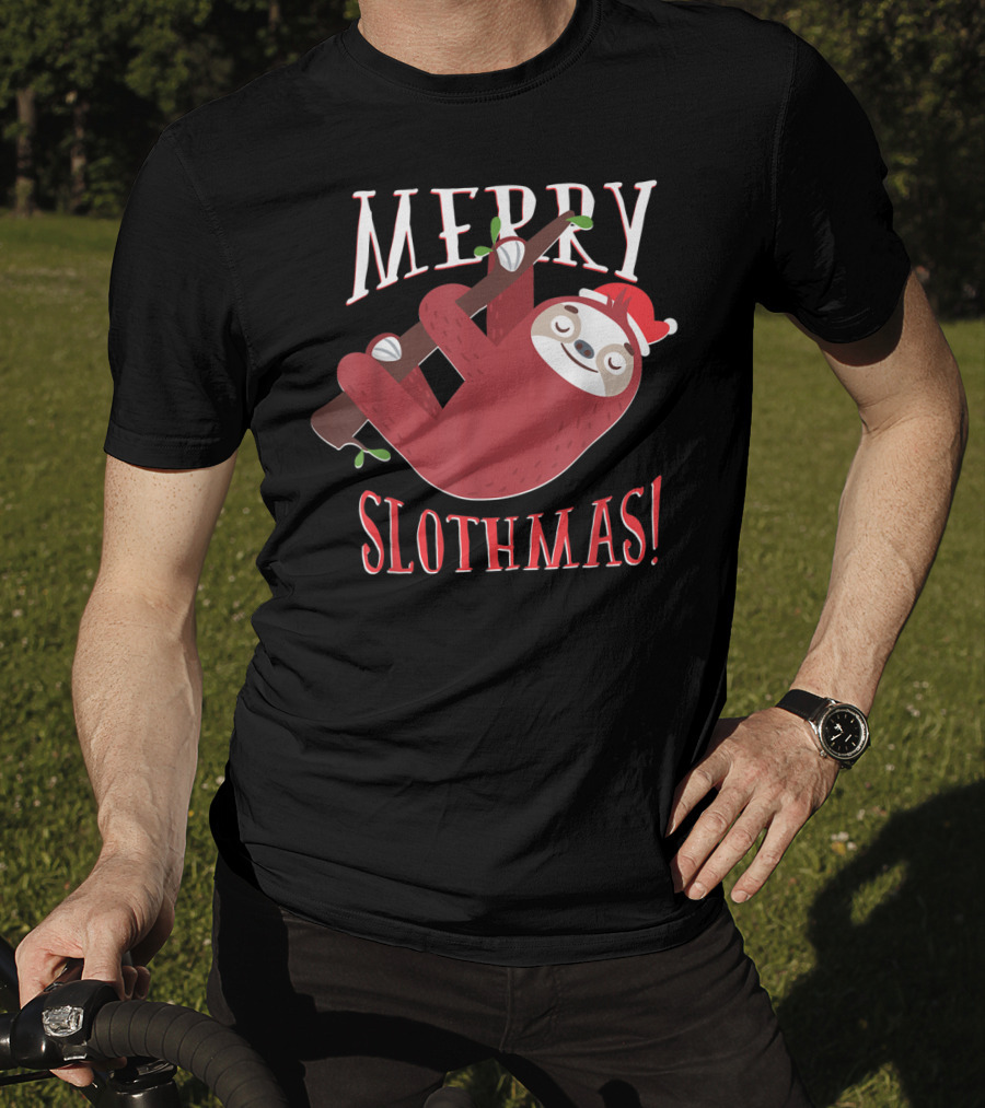 Merry Slothmas Santa Hat Sloth Holiday Greeting T-Shirt