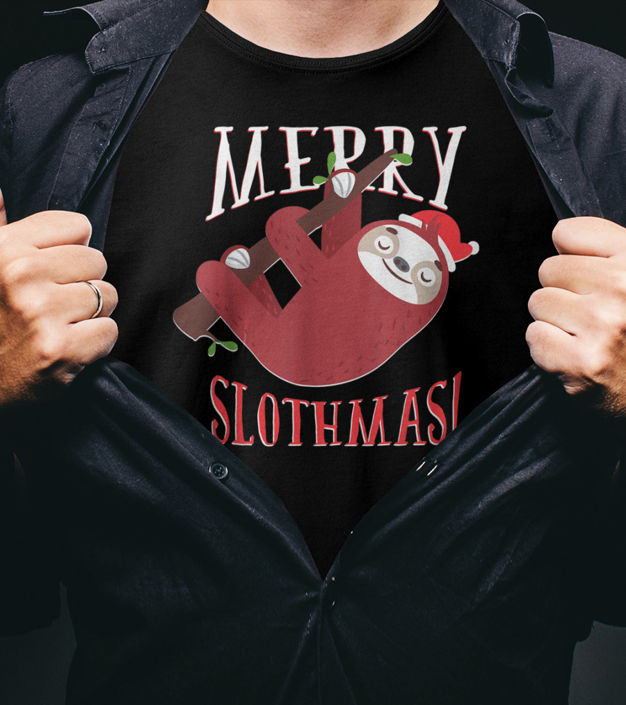 Merry Slothmas Santa Hat Sloth Holiday Greeting T-Shirt