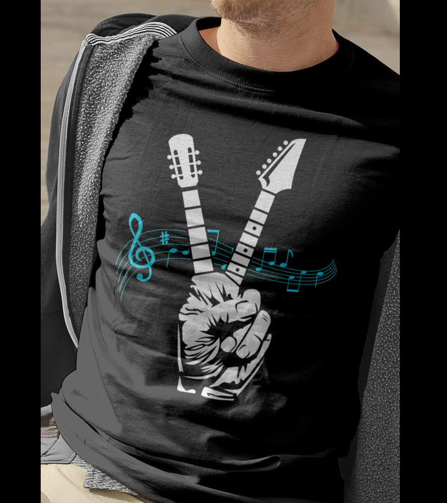 Peace Sign Guitar Neck Fingers And Musical Notes T-Shirt