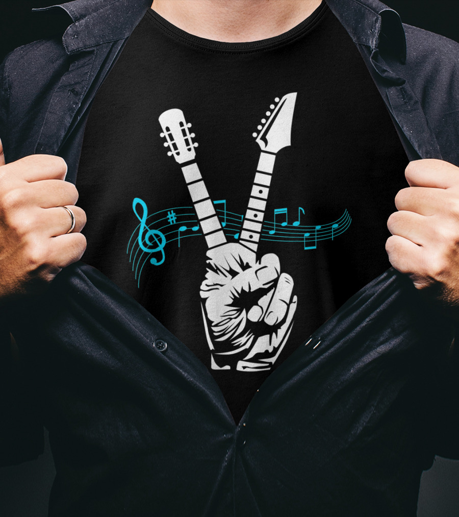 Peace Sign Guitar Neck Fingers And Musical Notes T-Shirt