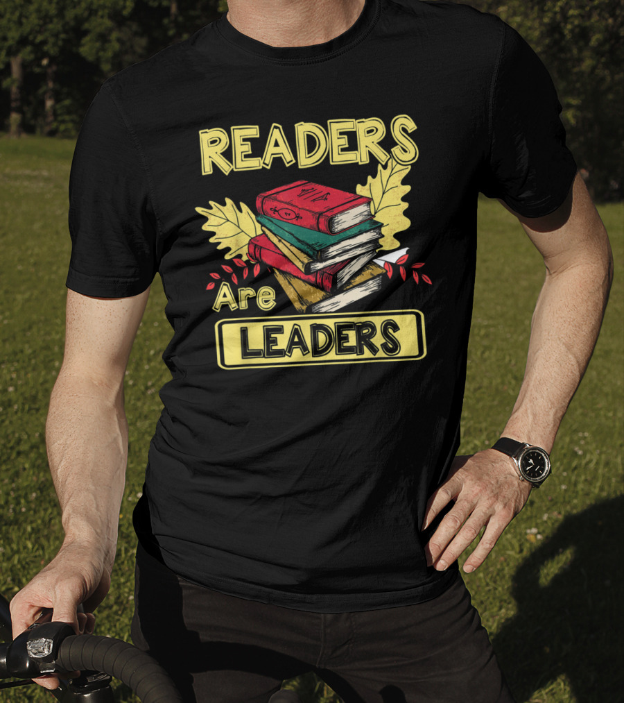 Readers Are Leaders Books With Fall Leaves Stacked T-Shirt