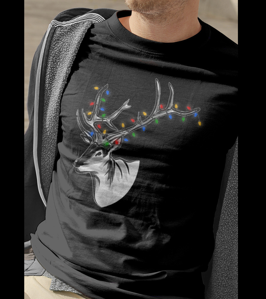 Reindeer With Colorful Christmas Lights On Antlers Funny Animal T-Shirt