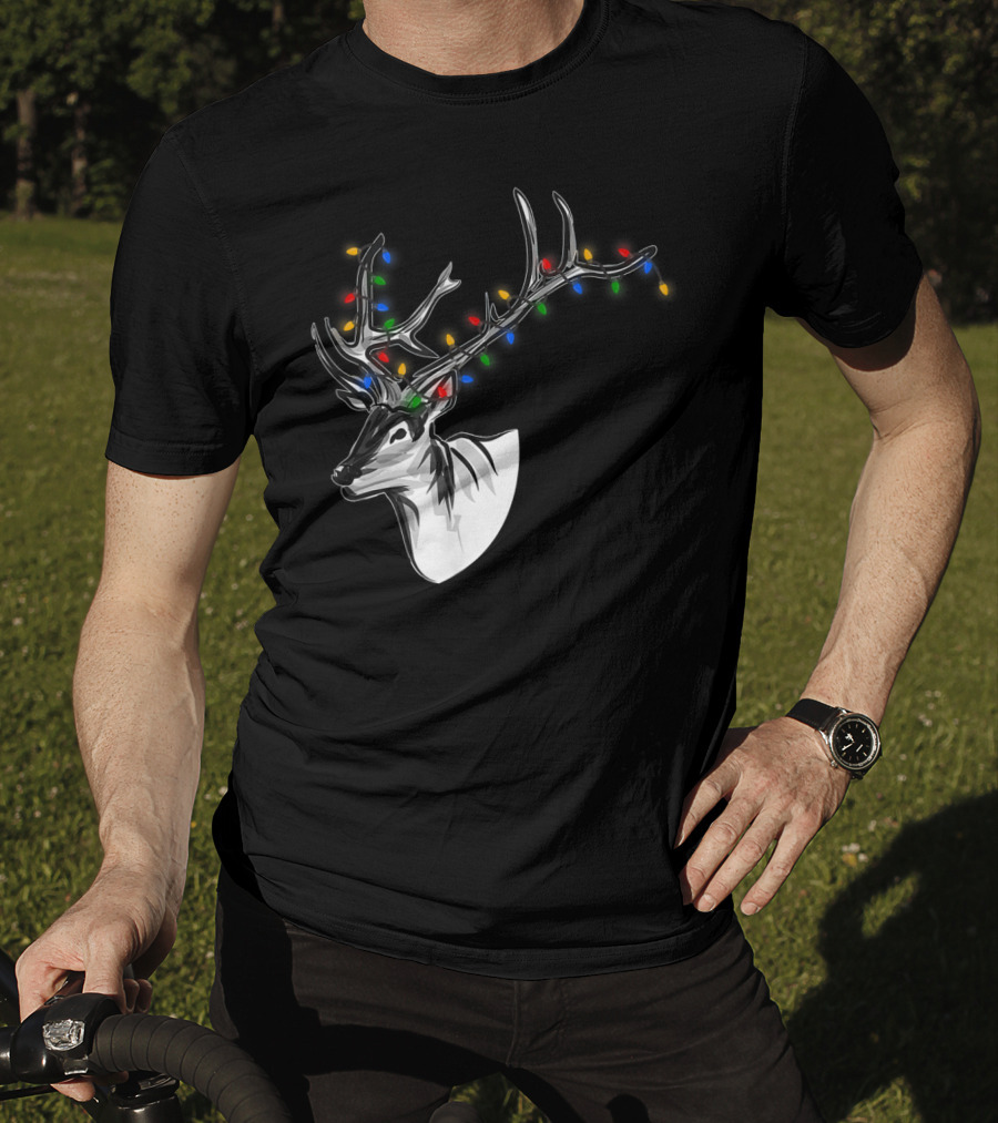 Reindeer With Colorful Christmas Lights On Antlers Funny Animal T-Shirt