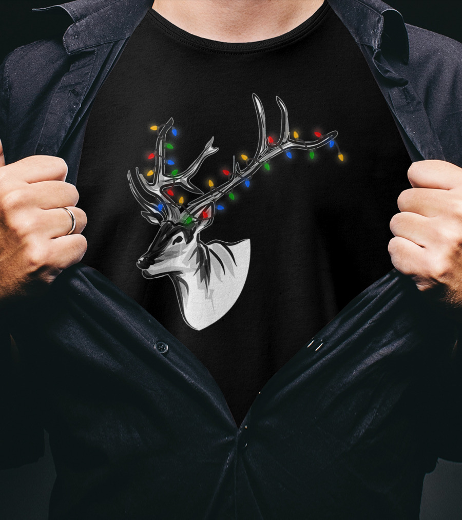 Reindeer With Colorful Christmas Lights On Antlers Funny Animal T-Shirt