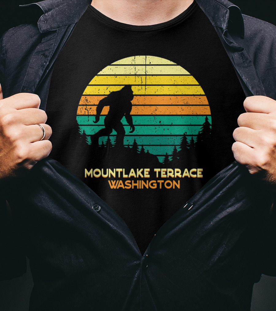 Mountlake Terrace Washington Retro Big Foot Sunset Forest Scene T-Shirt