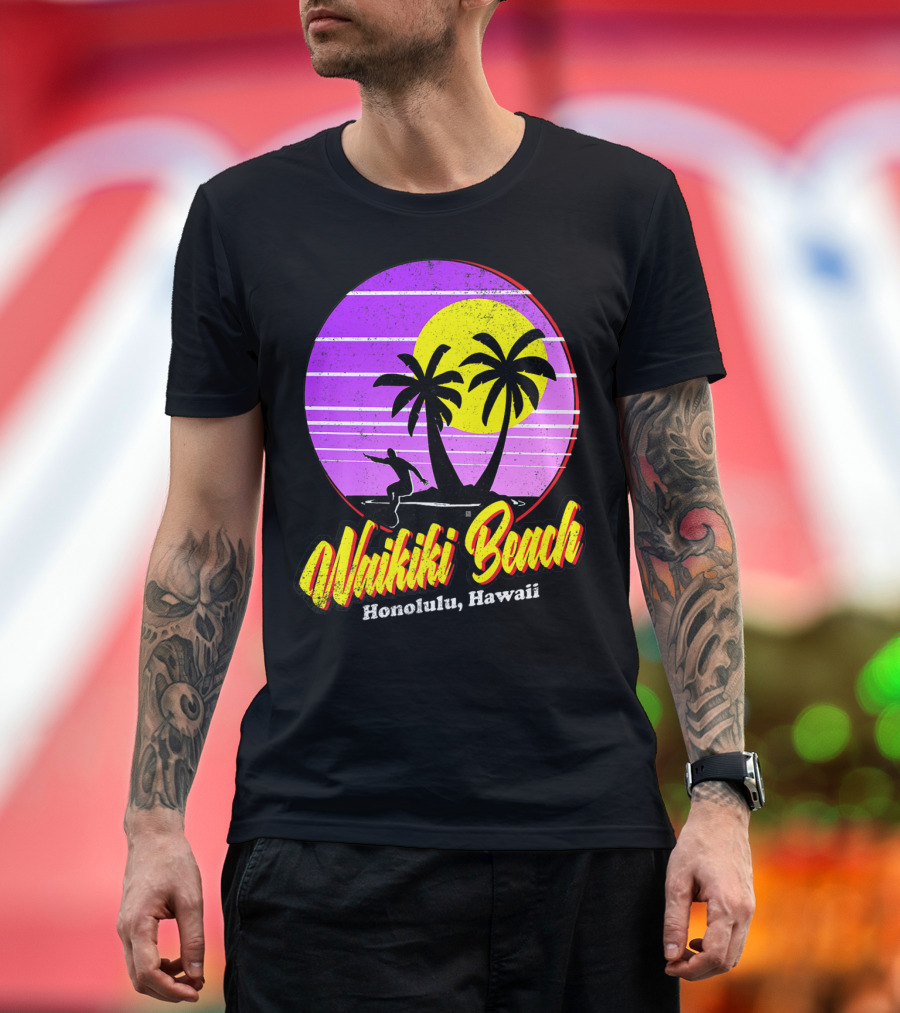 Waikiki Beach Honolulu Hawaii Retro Surfer Vintage 80's Sunset Palms T-Shirt