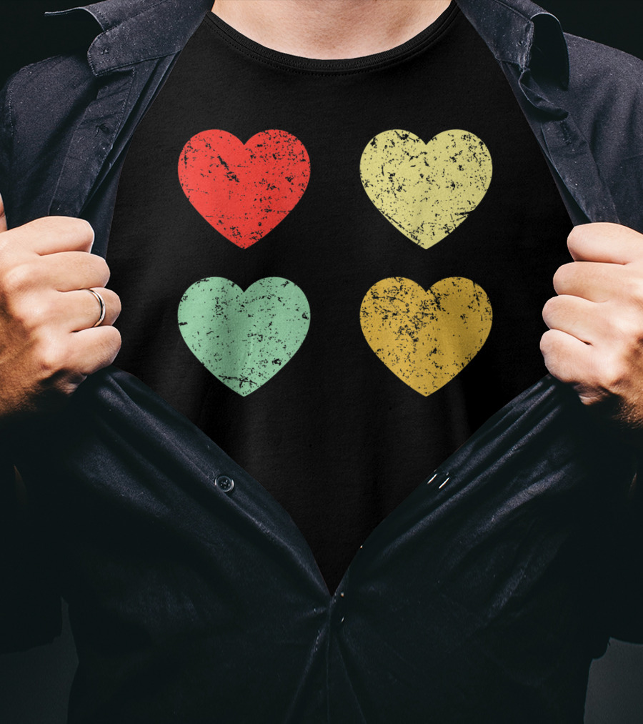 Retro Vintage Hearts Valentines Day Four Colorful Grunge Hearts T-Shirt