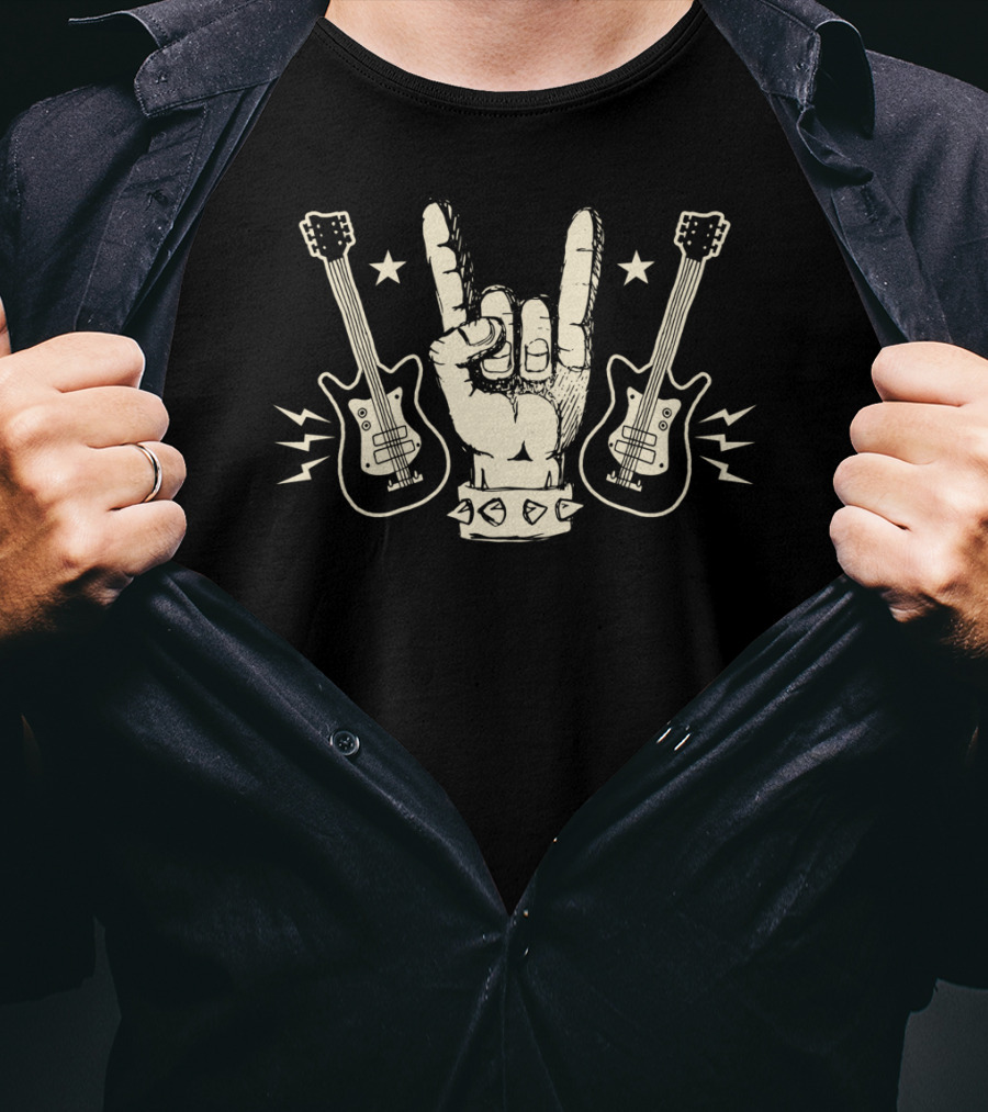 Rock Gesture With Electric Guitars And Stars Classic Metal Band T-Shirt