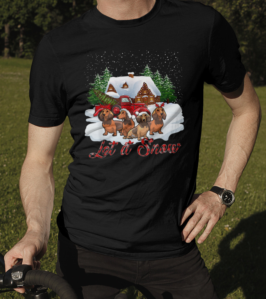 Santa Dachshund Let It Snow With Snowy Cabin And Red Truck T-Shirt