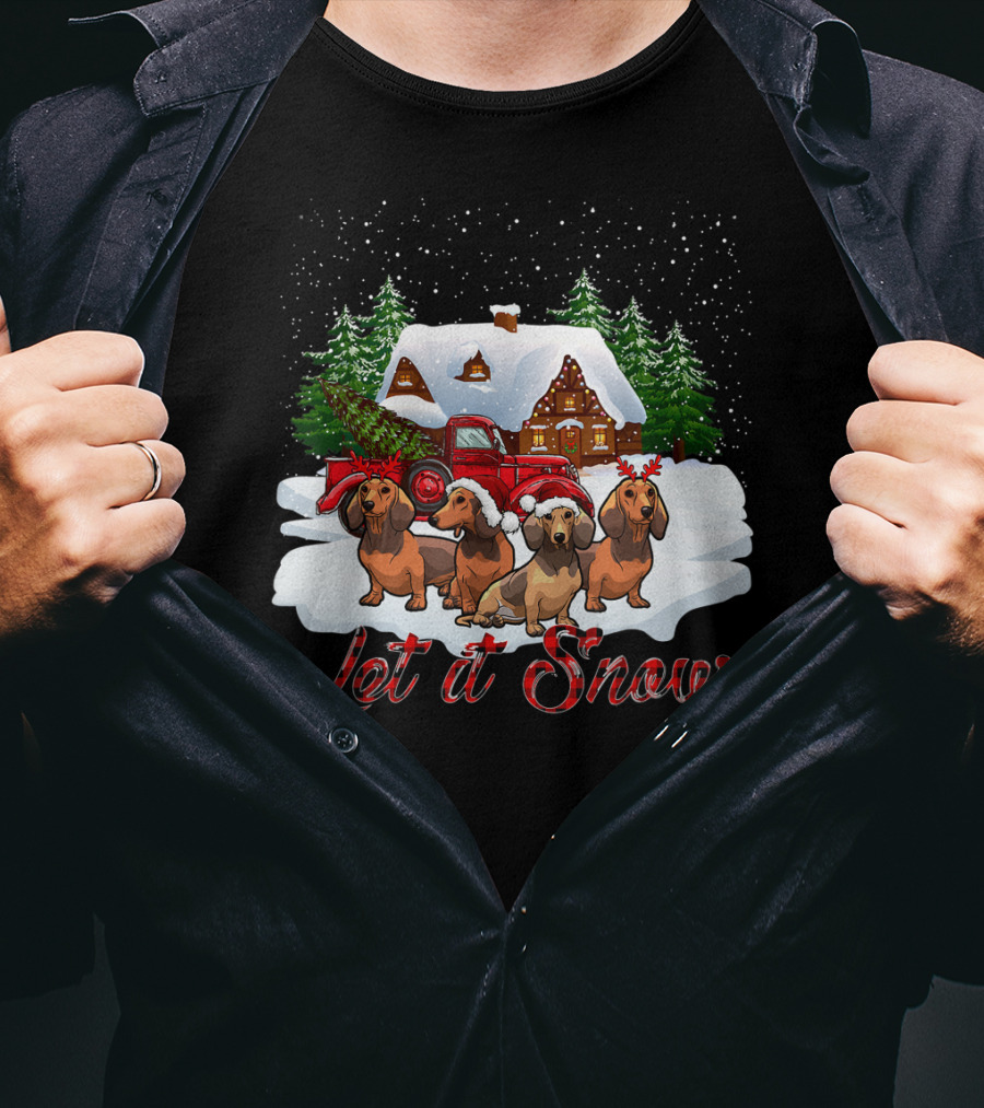 Santa Dachshund Let It Snow With Snowy Cabin And Red Truck T-Shirt