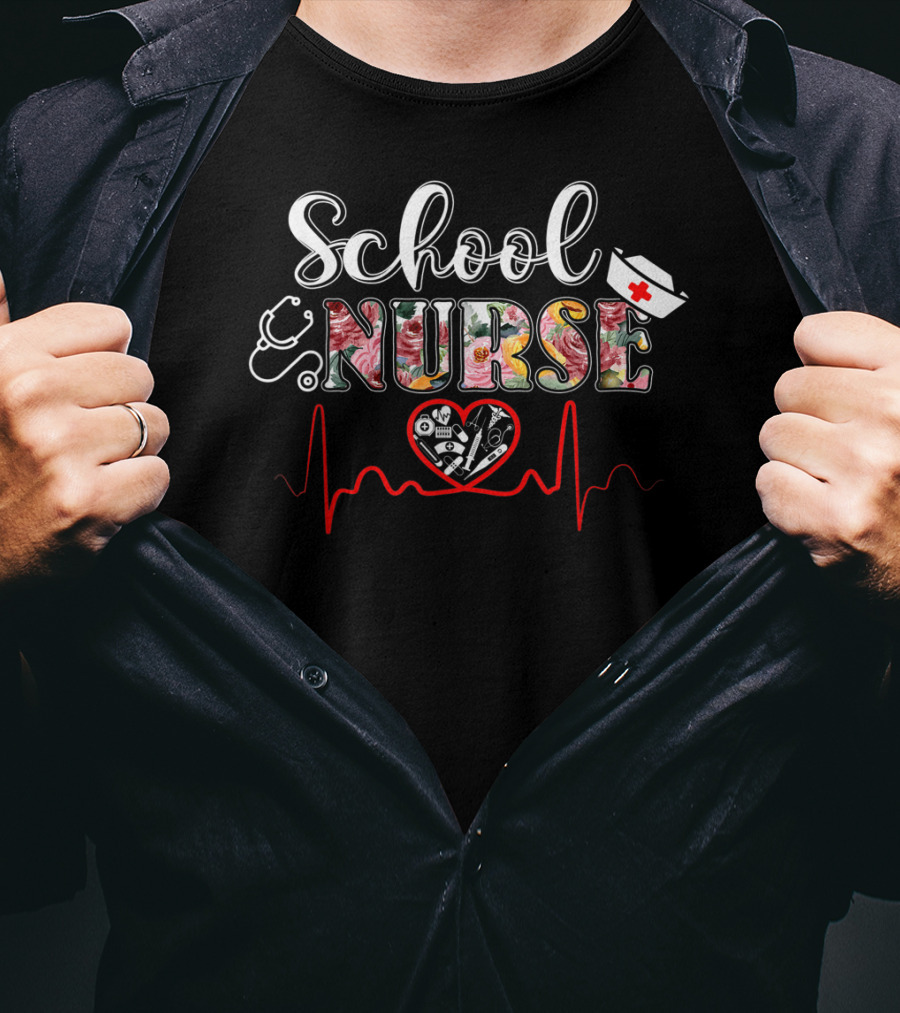 School Nurse Heartbeat Stethoscope Flower T-Shirt