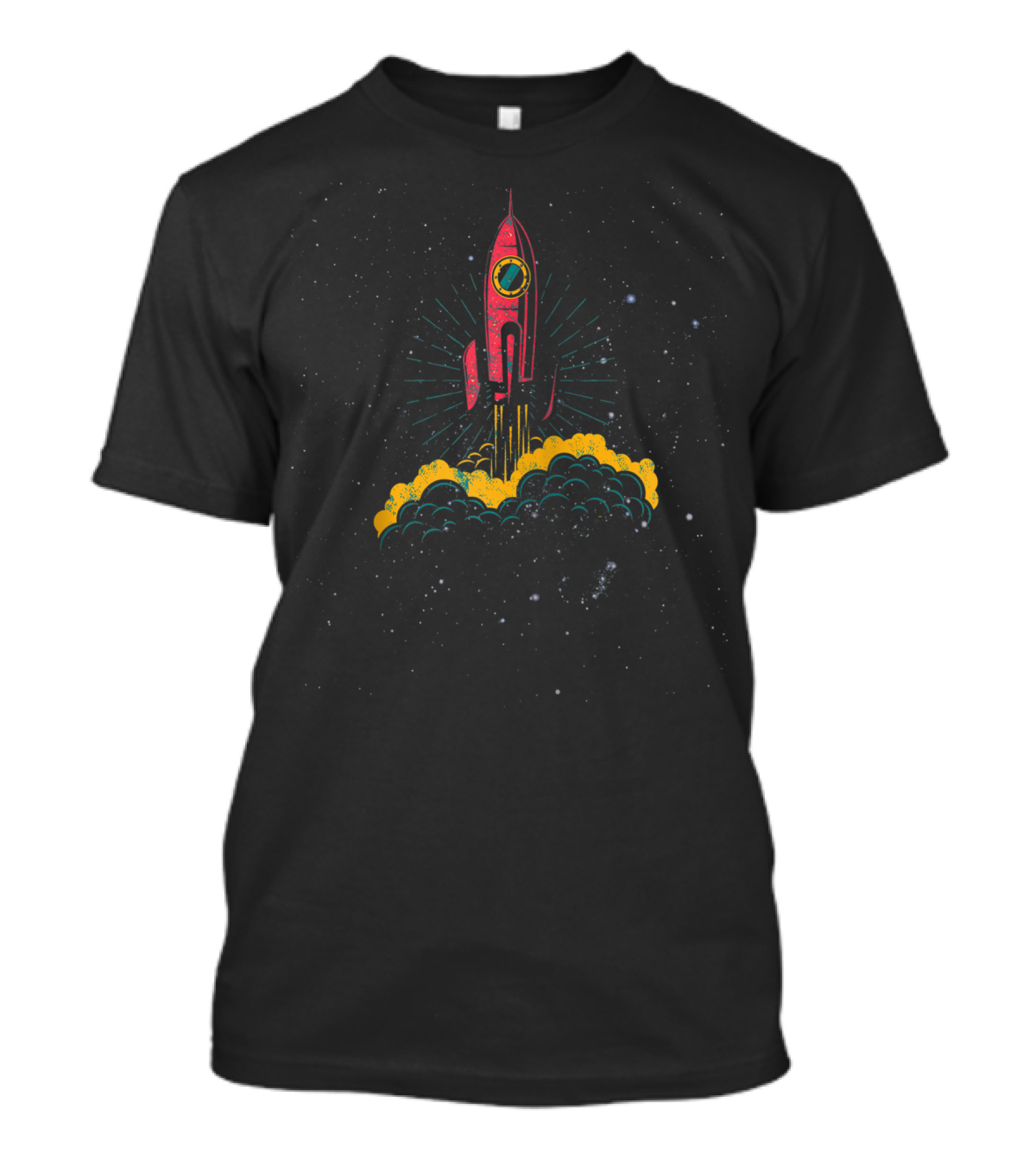 Scifi Red Rocket Launching Into Starry Night Sky With Space Adventure T-Shirt