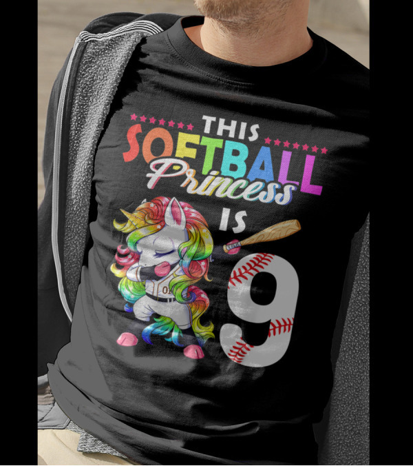 This Softball Princess Is 9 Unicorn Birthday Rainbow Bat T-Shirt