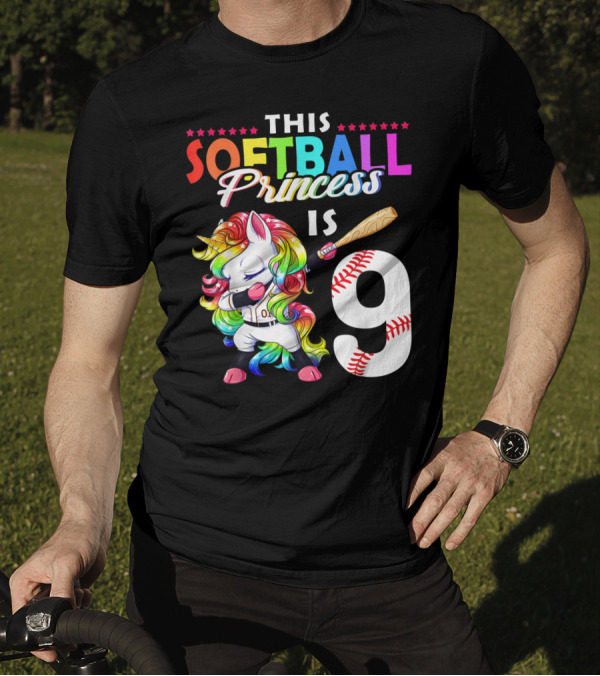 This Softball Princess Is 9 Unicorn Birthday Rainbow Bat T-Shirt