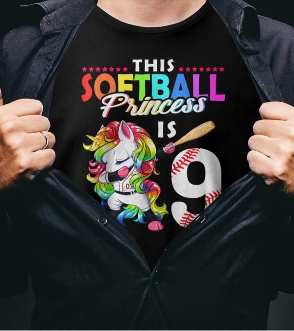 This Softball Princess Is 9 Unicorn Birthday Rainbow Bat T-Shirt