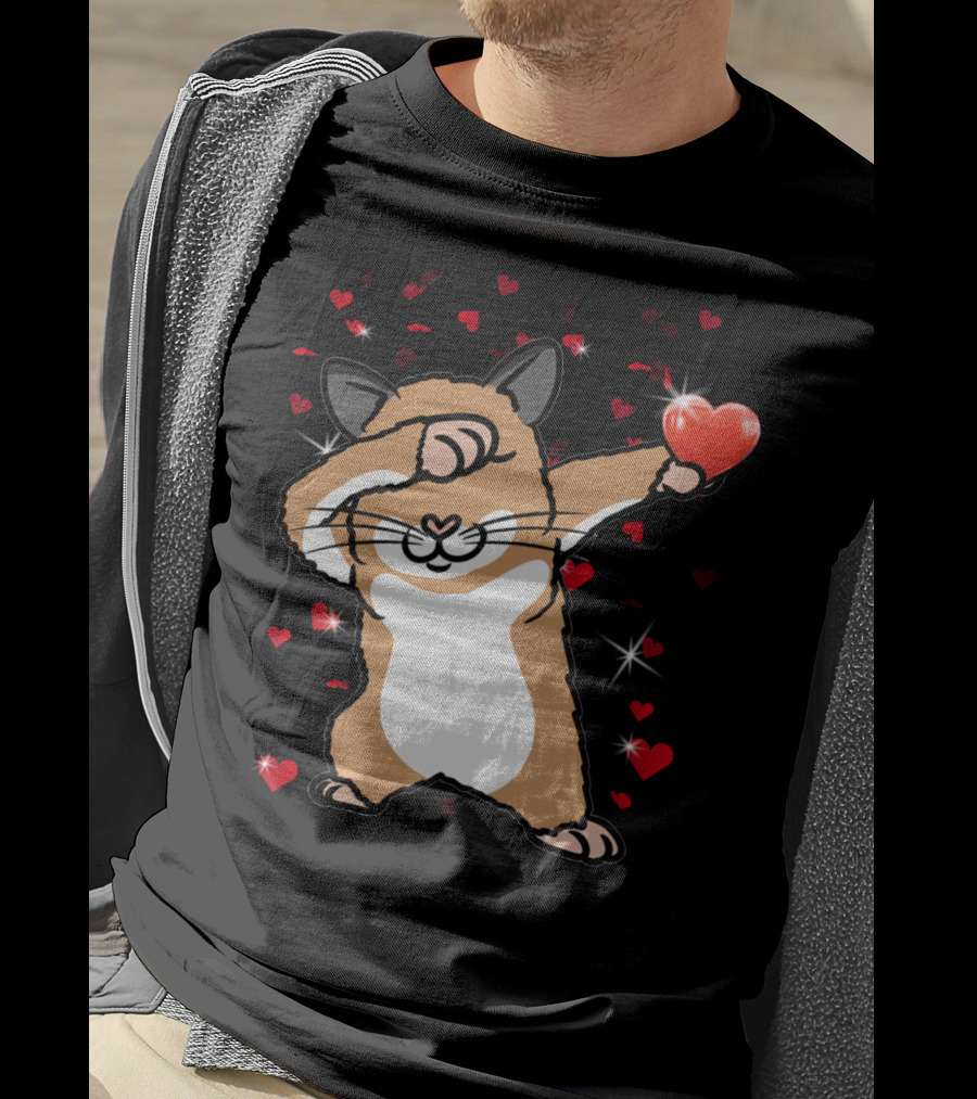 Valentine Girls Cute Dabbing Hamster With Heart And Sparkling Red Hearts T-Shirt