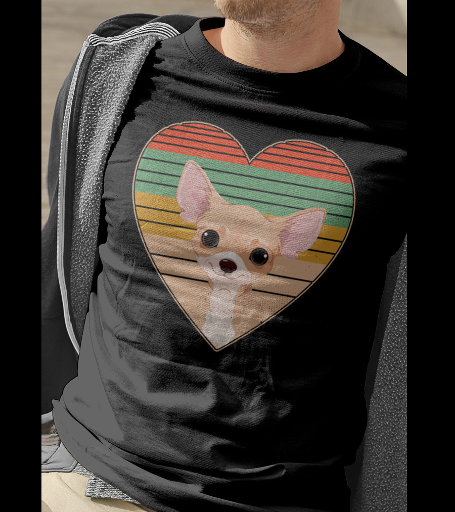 Vintage Chihuahua Heart Striped Retro Heart-Shaped T-Shirt