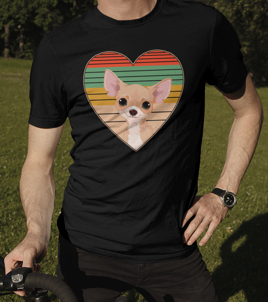 Vintage Chihuahua Heart Striped Retro Heart-Shaped T-Shirt