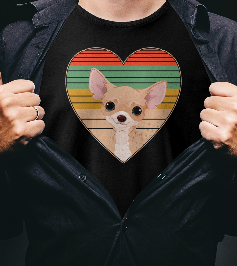 Vintage Chihuahua Heart Striped Retro Heart-Shaped T-Shirt