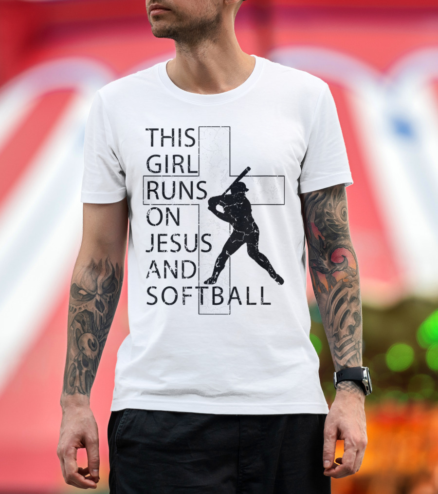 This Girl Runs On Jesus And Softball Silhouette With Cross T-Shirt