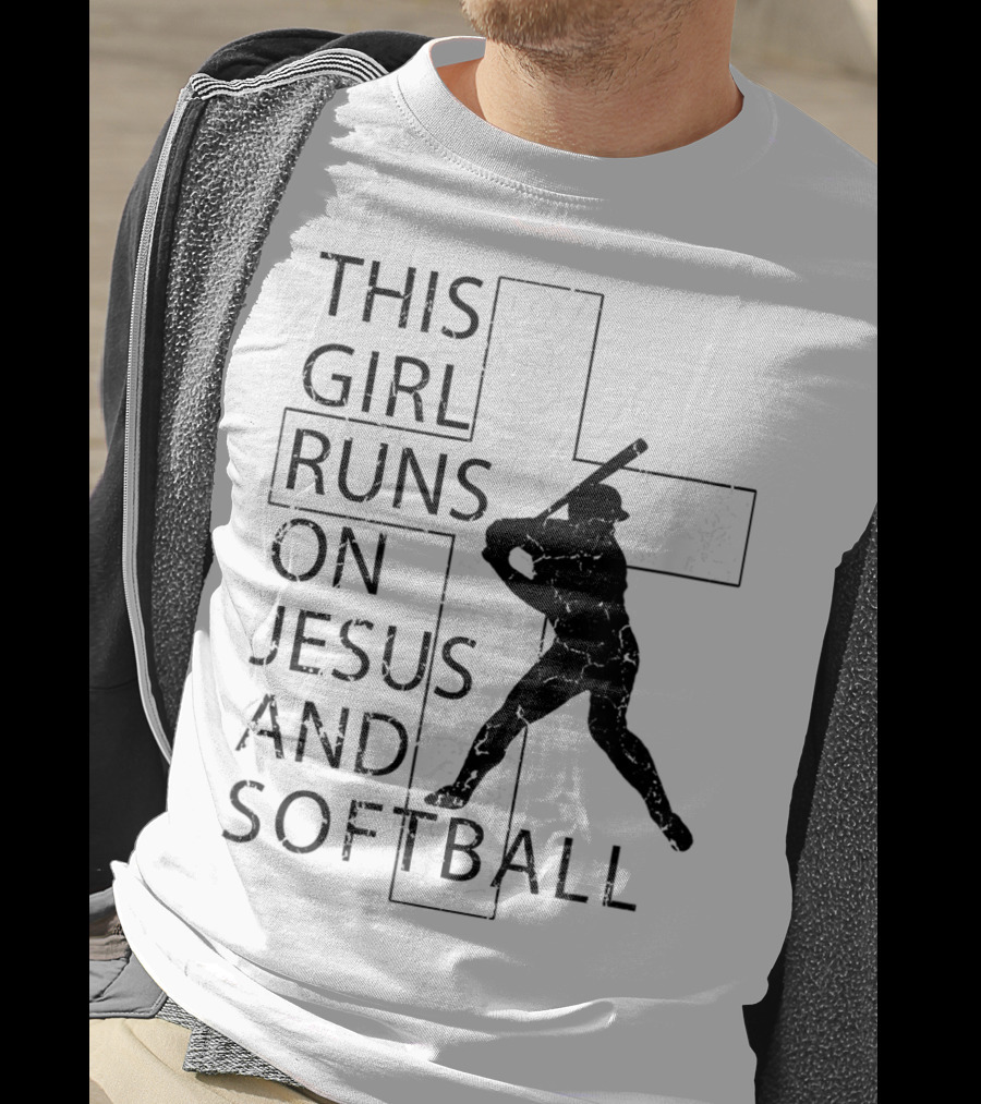 This Girl Runs On Jesus And Softball Silhouette With Cross T-Shirt